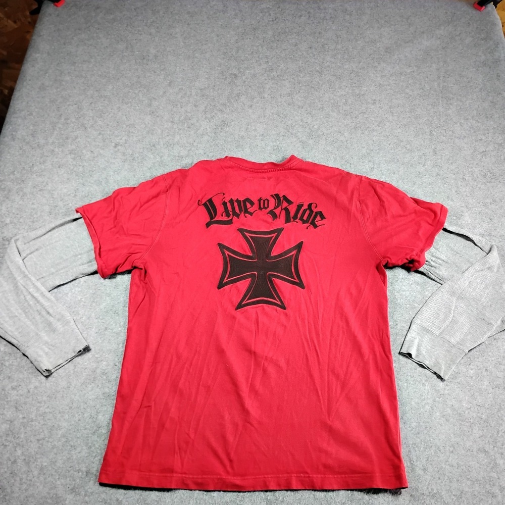 Lucky Brand Mens Red Double Layer Thermal Shirt Live to Ride Iron Cross L